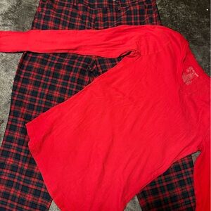 H&M plaid slacks and red thermal